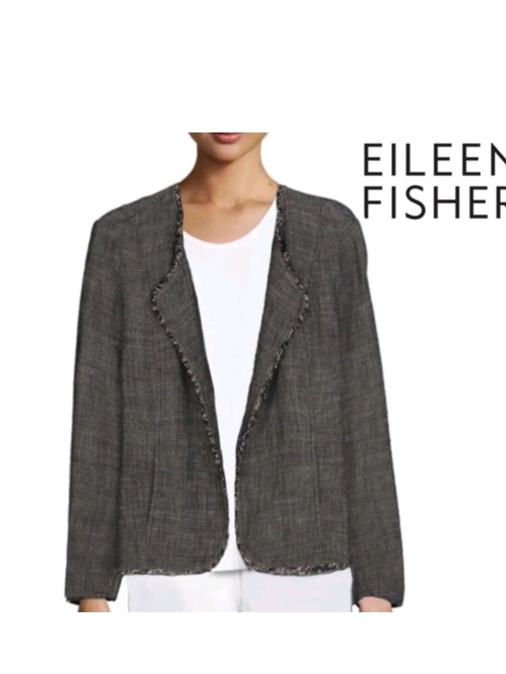 EILEEN FISHER Charcoal Fringe-Trim Open Jacket